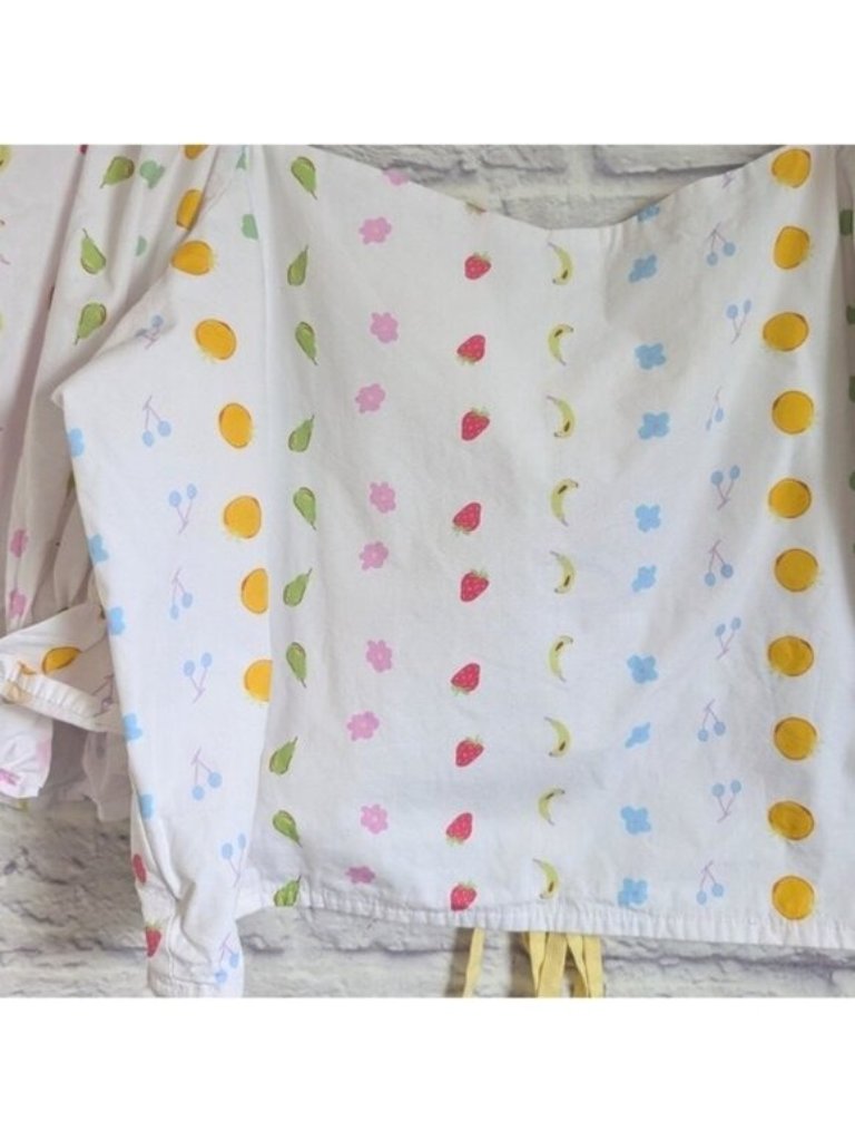 By Megan Crosby Sophie Crop Top Xl Juicy Joy Fruit Print White Pastel Lace Up — image 2 of 5